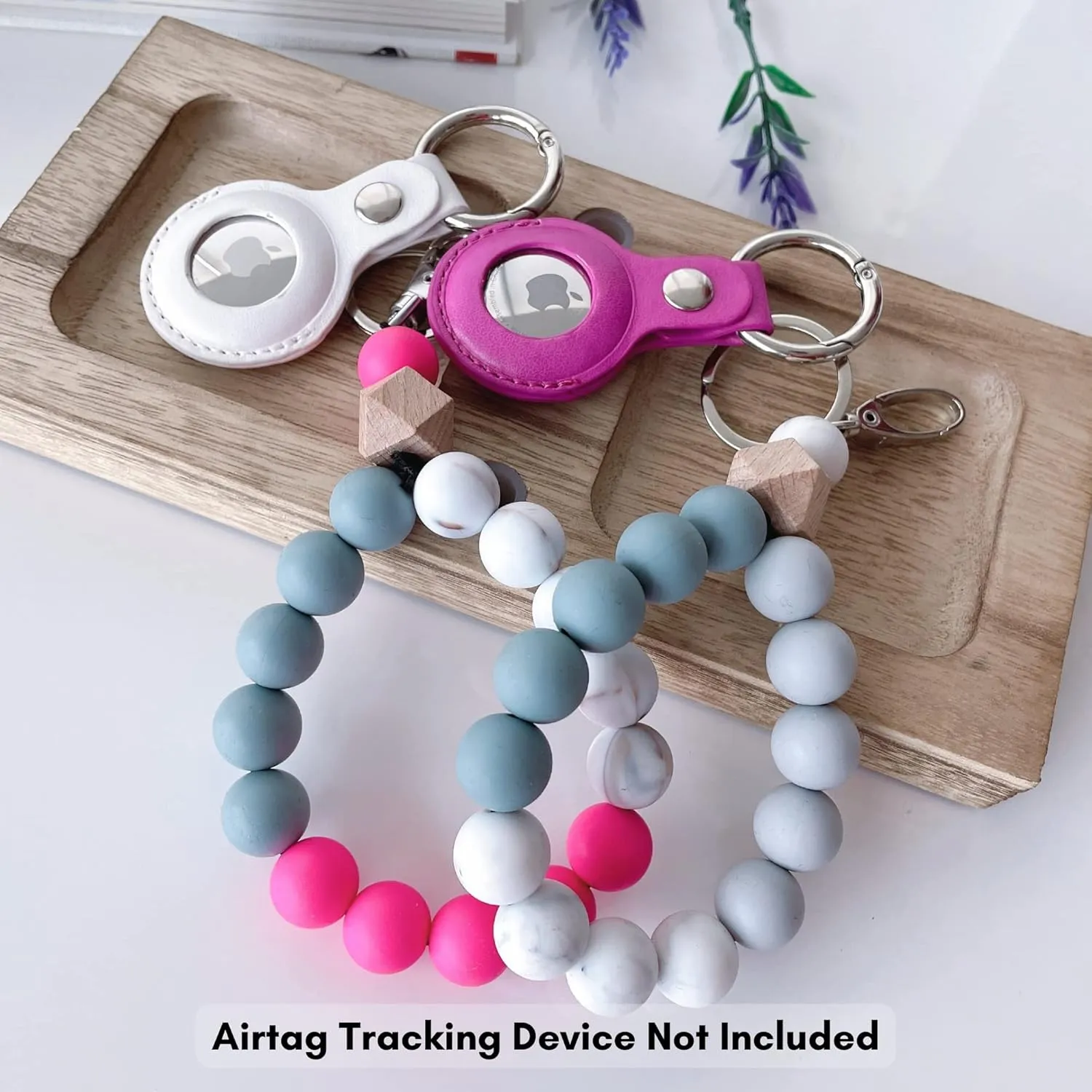 2-Pack CHABAEBAE AirTag Keychain Leather Case, Vegan Leather Holder for Apple AirTag, with Beaded Wristlet Keychain