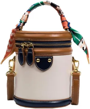 2025 colorblock bucket bag for women, Mini Leather Bucket Bag with Ribbon, Fashionable Crossbody Bag