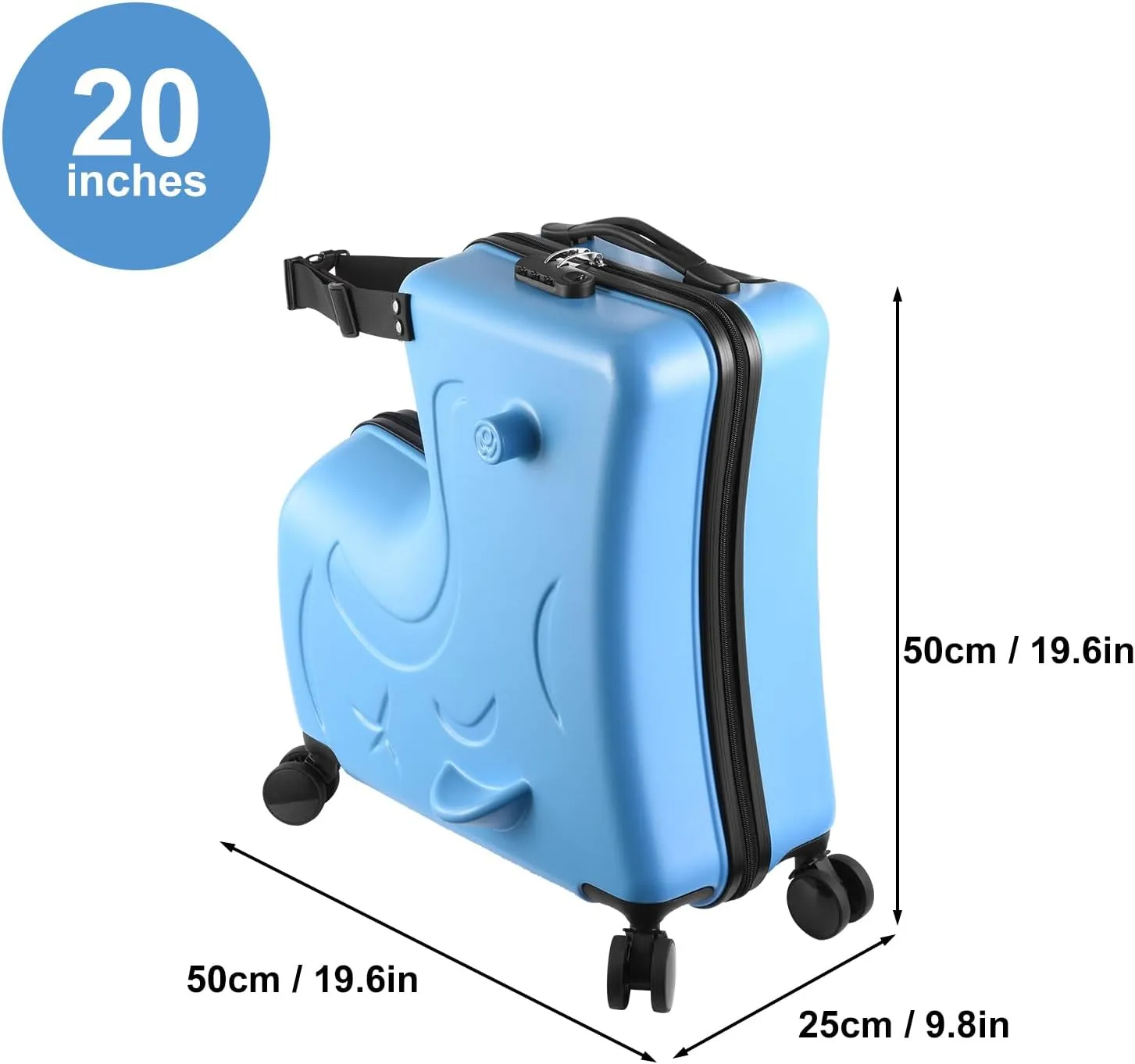 20" Kid Ride Suitcase,Ride Luggage for Kids 1-6,with Telescoping Handle,Spinner Wheels,Password Lock and Safety Belt,Suitcase Supports Up to 110 Lbs-Blue