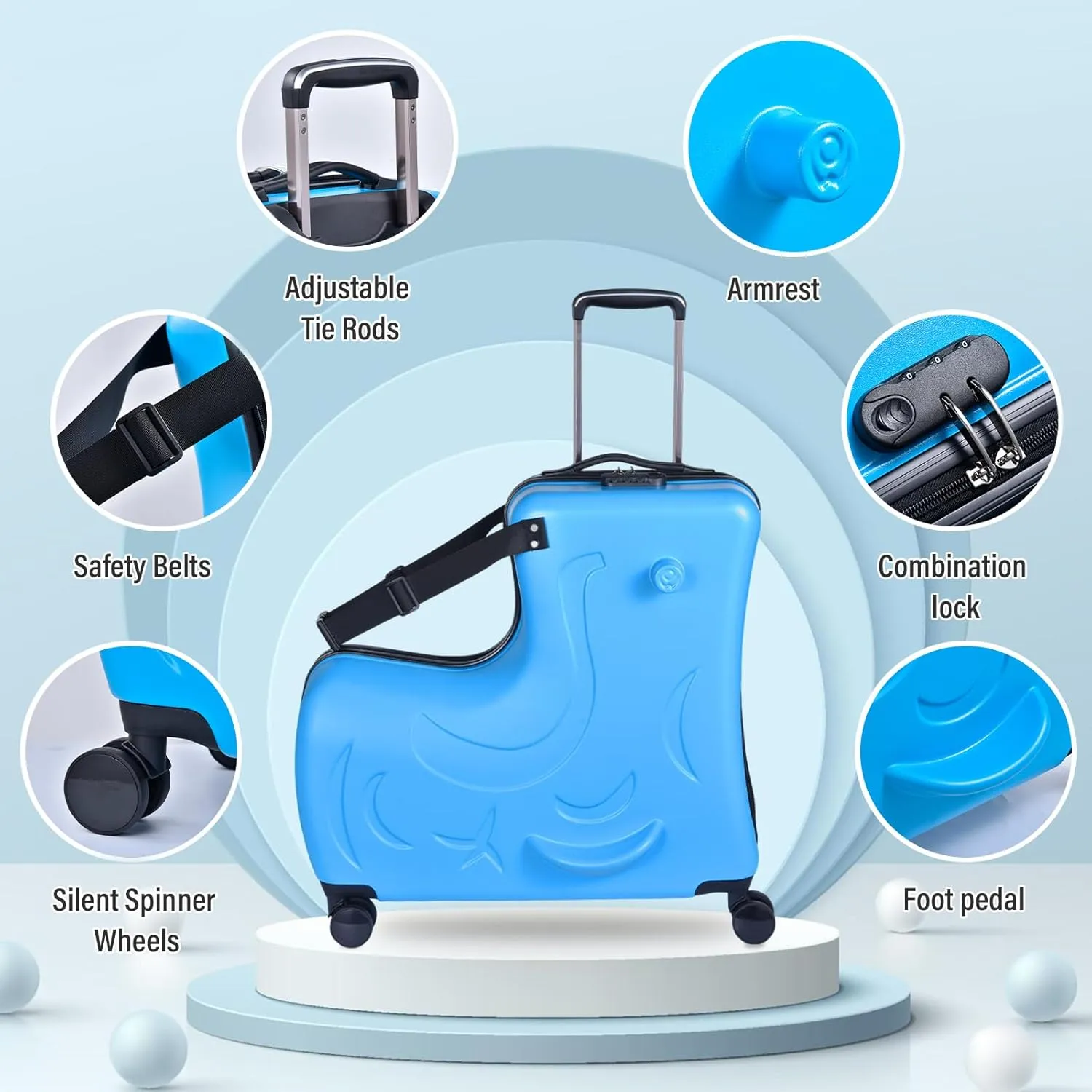 20" Ride on Suitcase for Kids Holds 110 Lbs,with Spinner Wheels,Telescoping Handle,Password Lock and Safety Belt,Ride On Suitcase for Kid Ages 1-6 (Blue)
