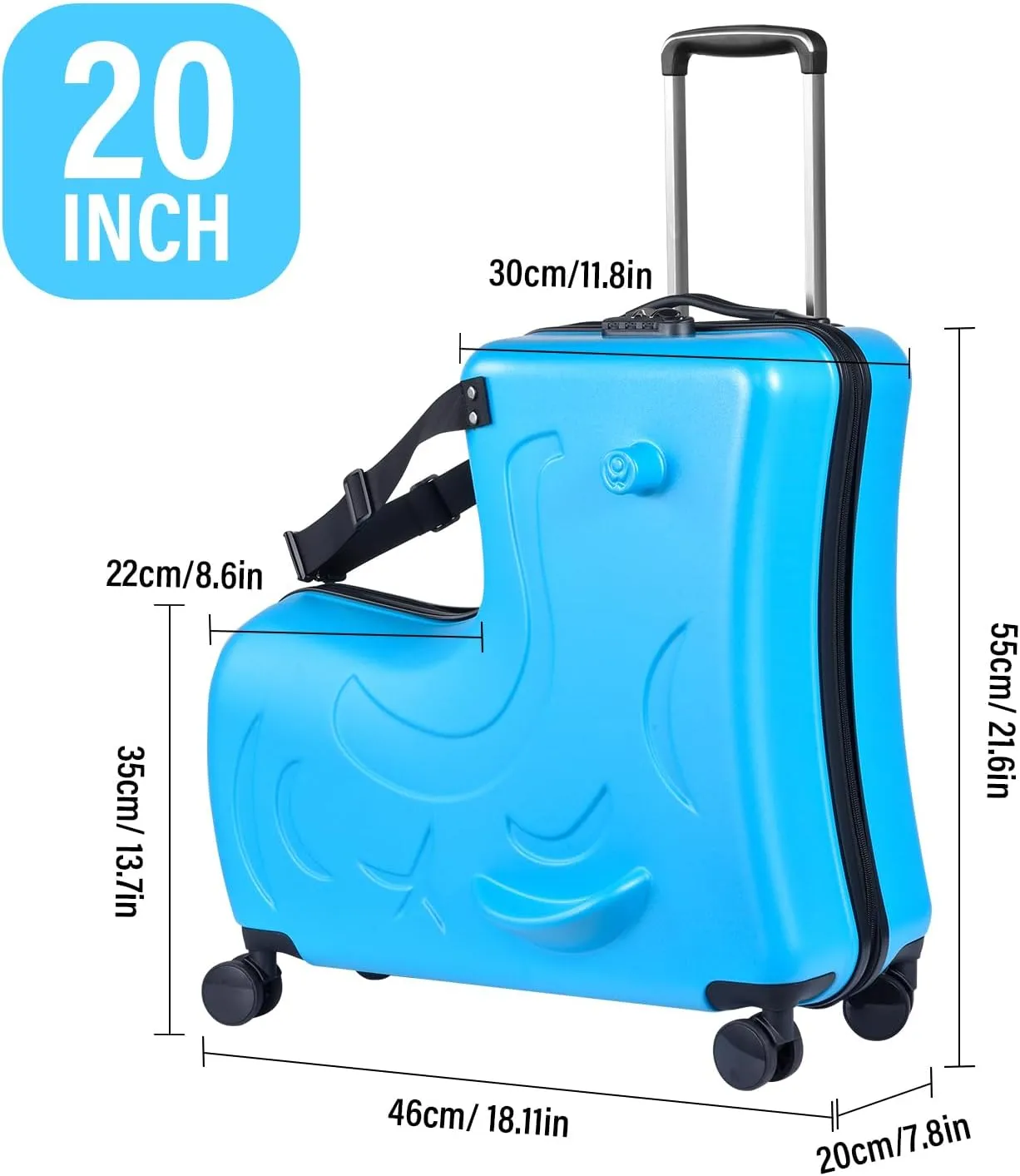 20" Ride on Suitcase for Kids Holds 110 Lbs,with Spinner Wheels,Telescoping Handle,Password Lock and Safety Belt,Ride On Suitcase for Kid Ages 1-6 (Blue)