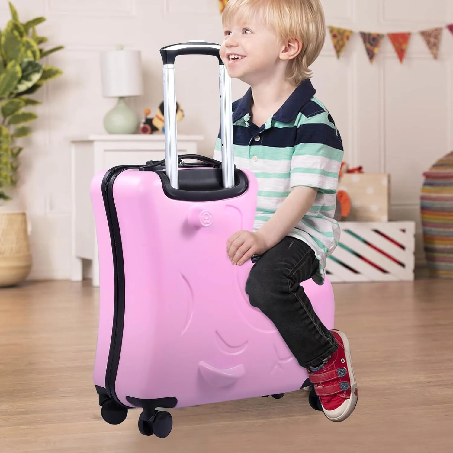 20" Ride on Suitcase for Kids Holds 110 Lbs,with Spinner Wheels,Telescoping Handle,Password Lock and Safety Belt,Ride On Suitcase for Kid Ages 1-6 (Pink)