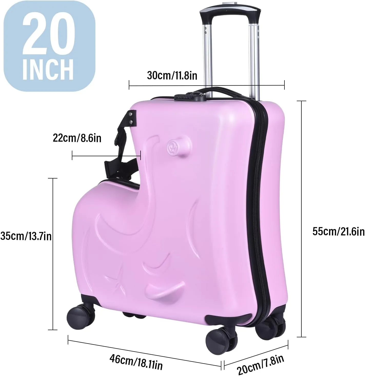 20" Ride on Suitcase for Kids Holds 110 Lbs,with Spinner Wheels,Telescoping Handle,Password Lock and Safety Belt,Ride On Suitcase for Kid Ages 1-6 (Pink)