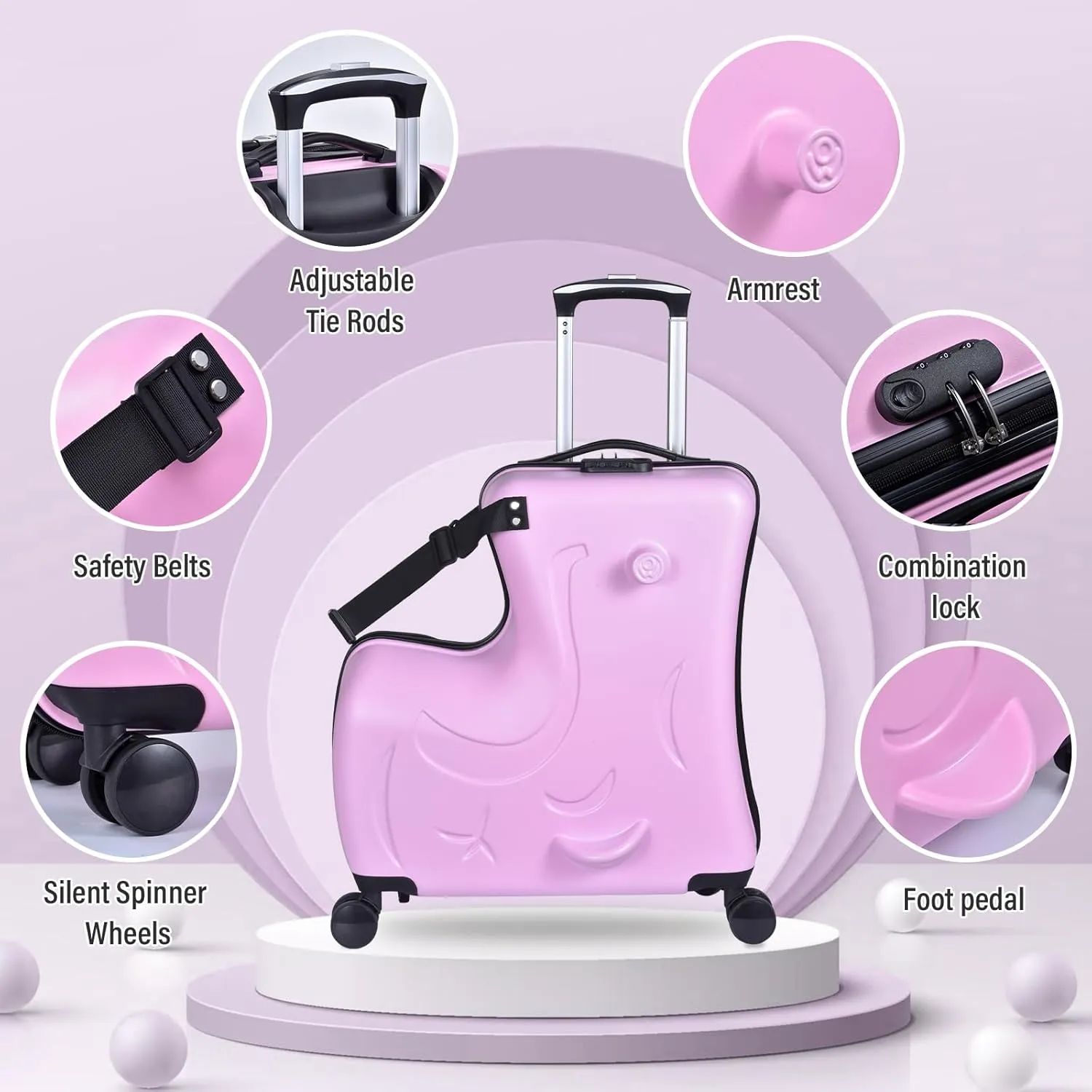 20" Ride on Suitcase for Kids Holds 110 Lbs,with Spinner Wheels,Telescoping Handle,Password Lock and Safety Belt,Ride On Suitcase for Kid Ages 1-6 (Pink)