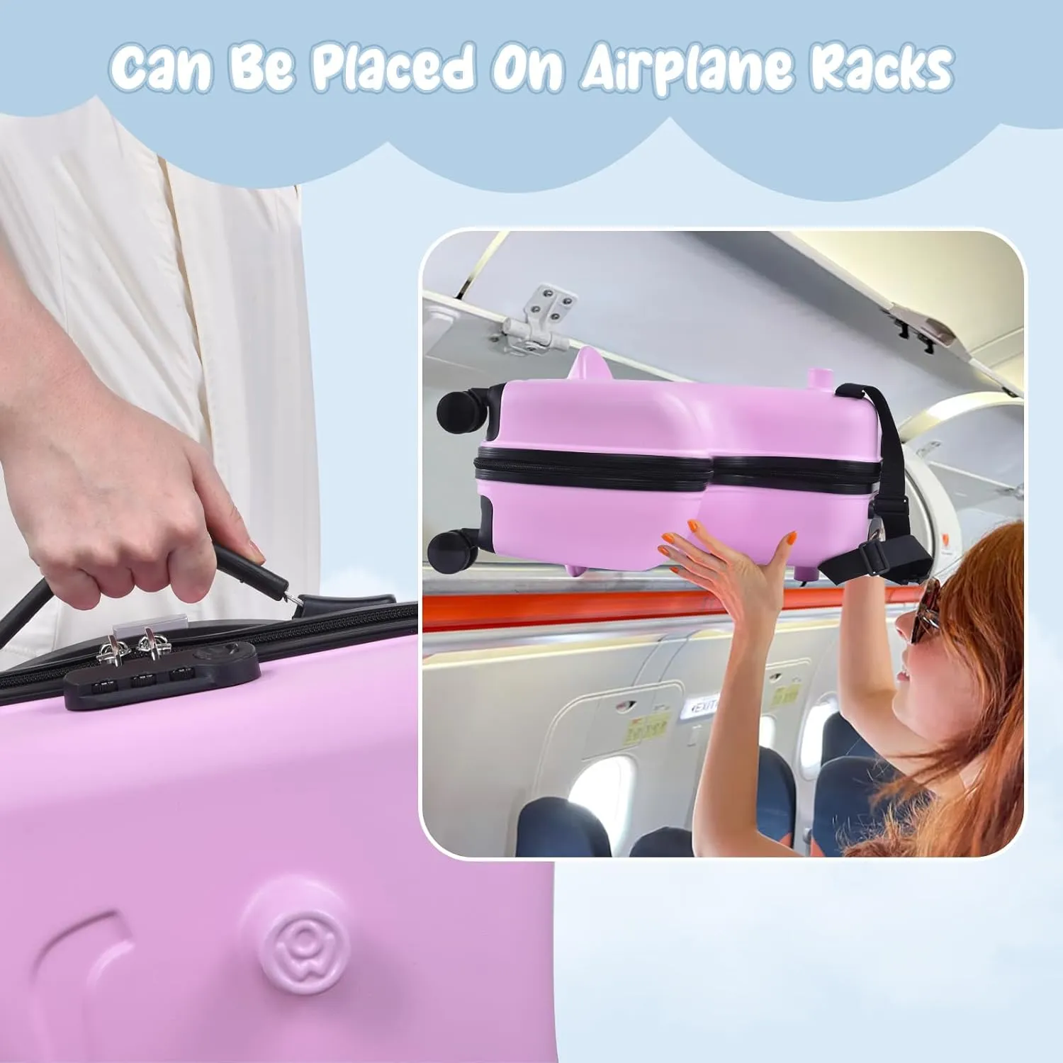 20" Ride on Suitcase for Kids Holds 110 Lbs,with Spinner Wheels,Telescoping Handle,Password Lock and Safety Belt,Ride On Suitcase for Kid Ages 1-6 (Pink)