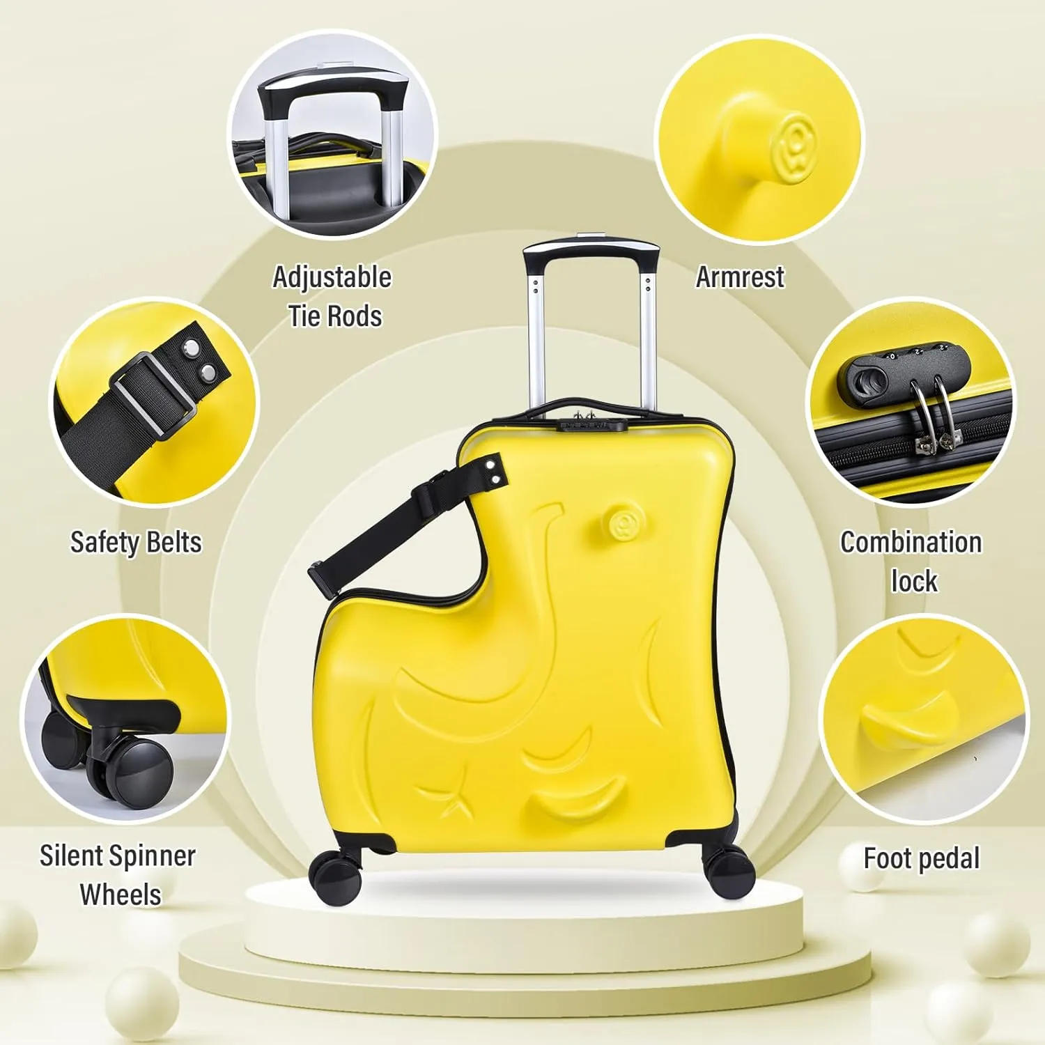 20" Ride on Suitcase for Kids Holds 110 Lbs,with Spinner Wheels,Telescoping Handle,Password Lock and Safety Belt,Ride On Suitcase for Kid Ages 1-6 (Yellow)