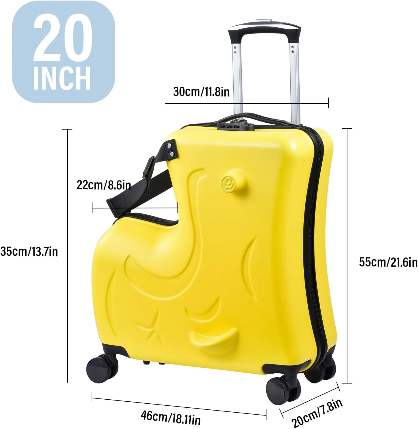 20" Ride on Suitcase for Kids Holds 110 Lbs,with Spinner Wheels,Telescoping Handle,Password Lock and Safety Belt,Ride On Suitcase for Kid Ages 1-6 (Yellow)
