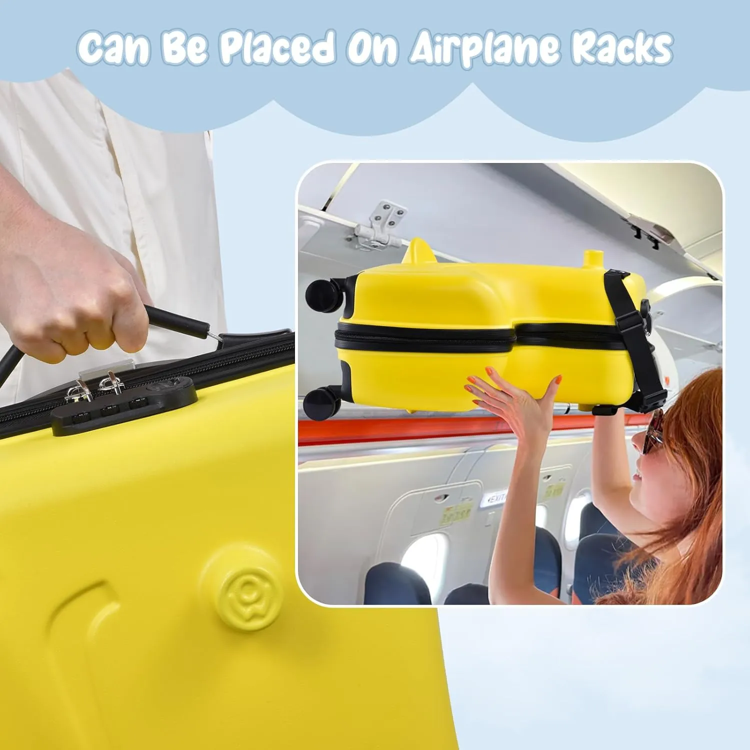 20" Ride on Suitcase for Kids Holds 110 Lbs,with Spinner Wheels,Telescoping Handle,Password Lock and Safety Belt,Ride On Suitcase for Kid Ages 1-6 (Yellow)