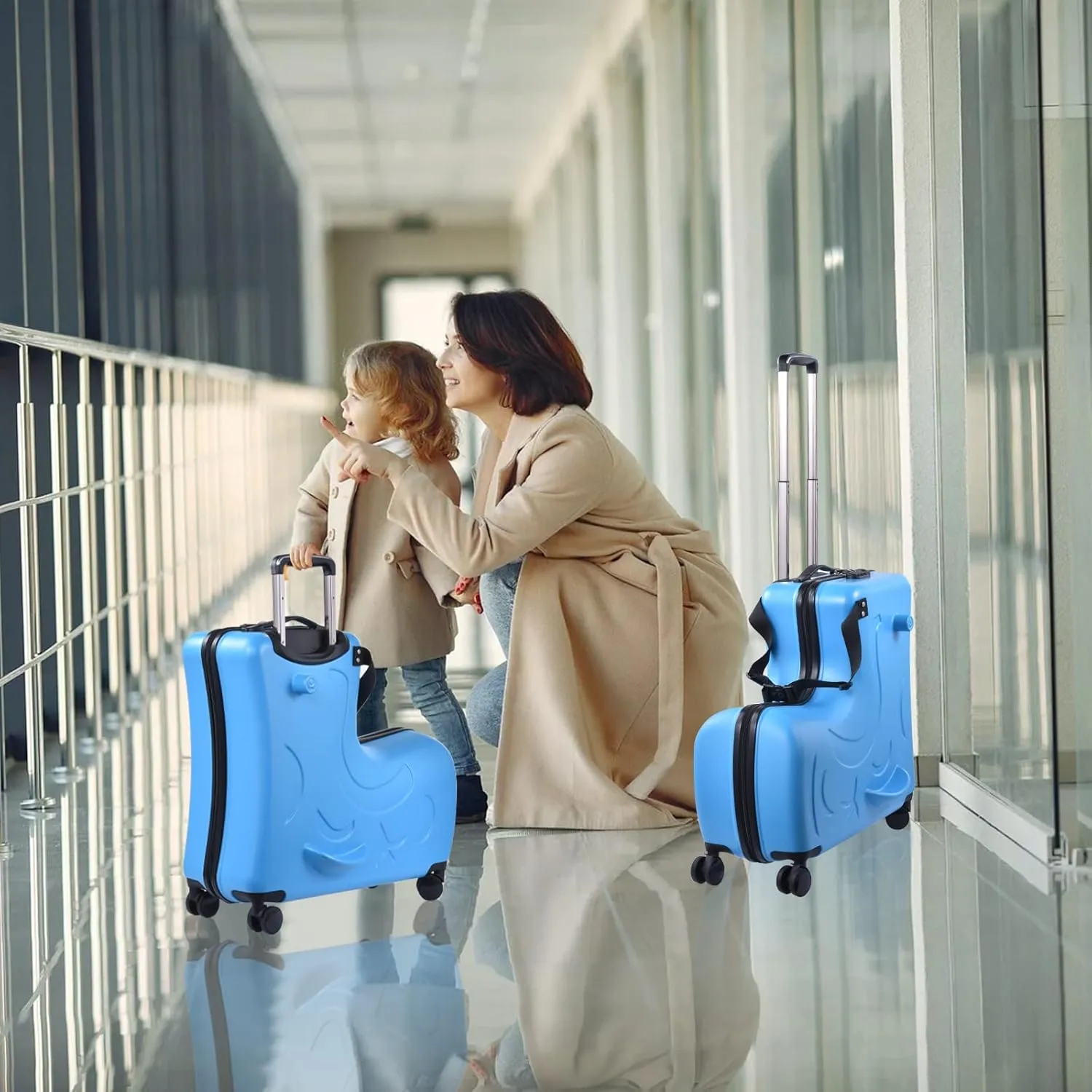 24" Ride on Suitcase for Kids,Can Hold 110 Lbs,with Double Spinner Wheels,Telescoping Handle,Password Lock and Safety Belt,Ride On Luggage for Kid Ages 6-12 (Blue)