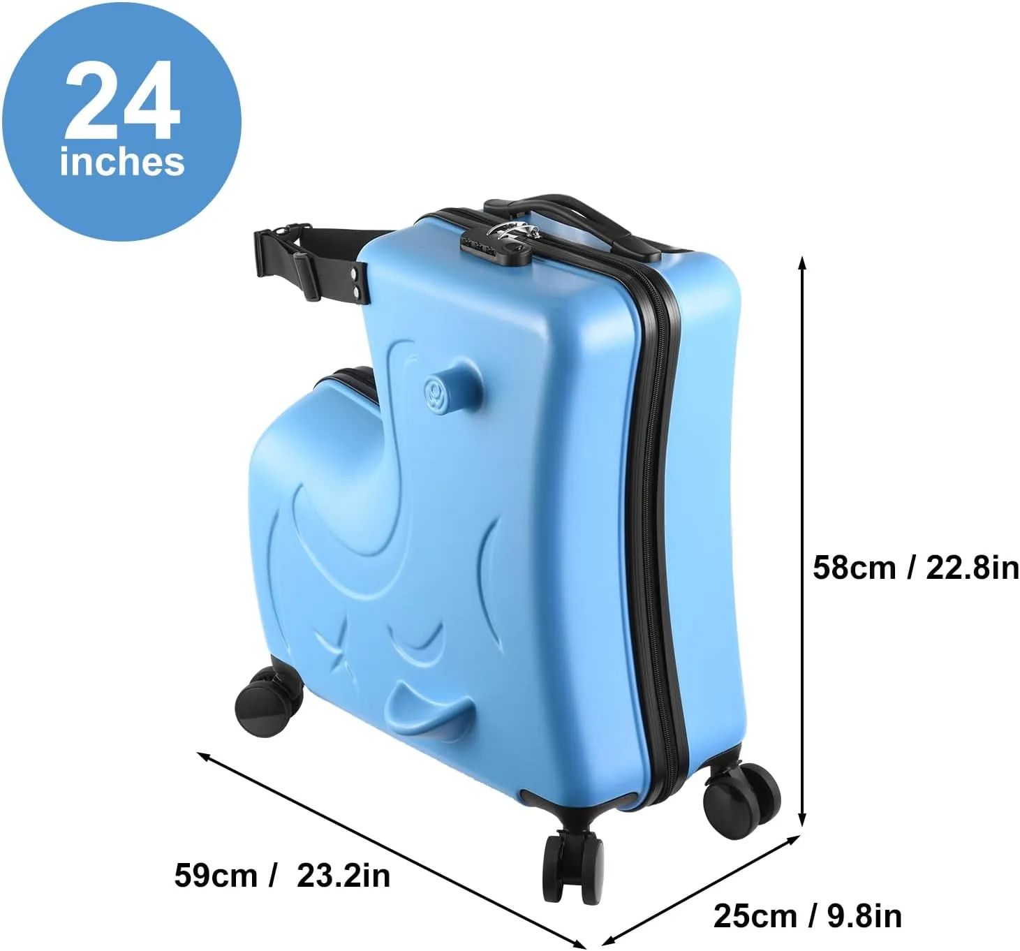 24" Ride on Suitcase for Kids,Can Hold 110 Lbs,with Double Spinner Wheels,Telescoping Handle,Password Lock and Safety Belt,Ride On Luggage for Kid Ages 6-12 (Blue)