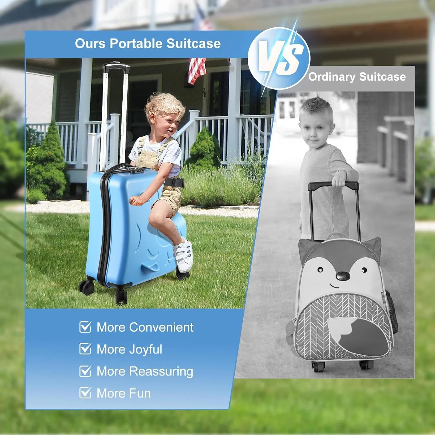 24" Ride on Suitcase for Kids,Can Hold 110 Lbs,with Double Spinner Wheels,Telescoping Handle,Password Lock and Safety Belt,Ride On Luggage for Kid Ages 6-12 (Blue)