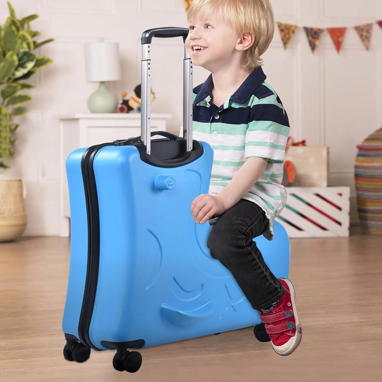24" Ride on Suitcase for Kids,Can Hold 110 Lbs,with Double Spinner Wheels,Telescoping Handle,Password Lock and Safety Belt,Ride On Luggage for Kid Ages 6-12 (Blue)