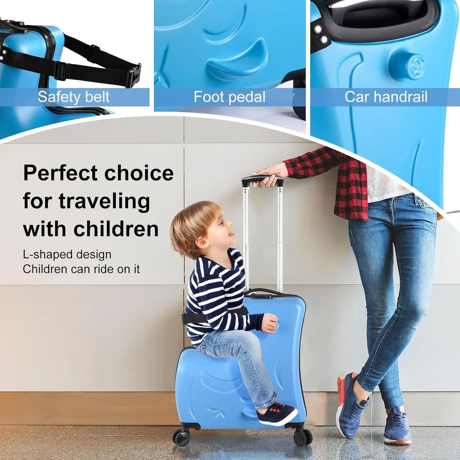24" Ride on Suitcase for Kids,Can Hold 110 Lbs,with Double Spinner Wheels,Telescoping Handle,Password Lock and Safety Belt,Ride On Luggage for Kid Ages 6-12 (Blue)