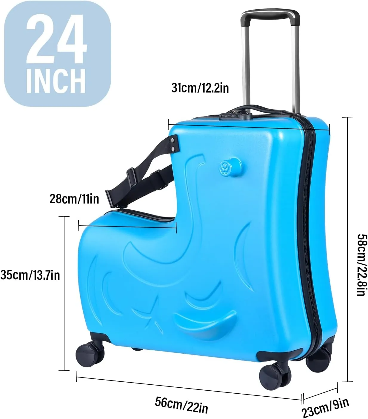 24" Ride on Suitcase for Kids,Can Hold 110 Lbs,with Double Spinner Wheels,Telescoping Handle,Password Lock and Safety Belt,Ride On Luggage for Kid Ages 6-12 (Blue)