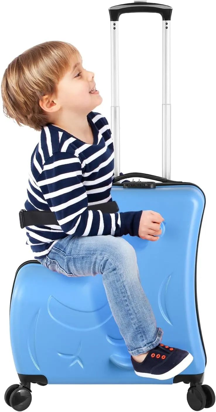 24" Ride on Suitcase for Kids,Can Hold 110 Lbs,with Double Spinner Wheels,Telescoping Handle,Password Lock and Safety Belt,Ride On Luggage for Kid Ages 6-12 (Blue)