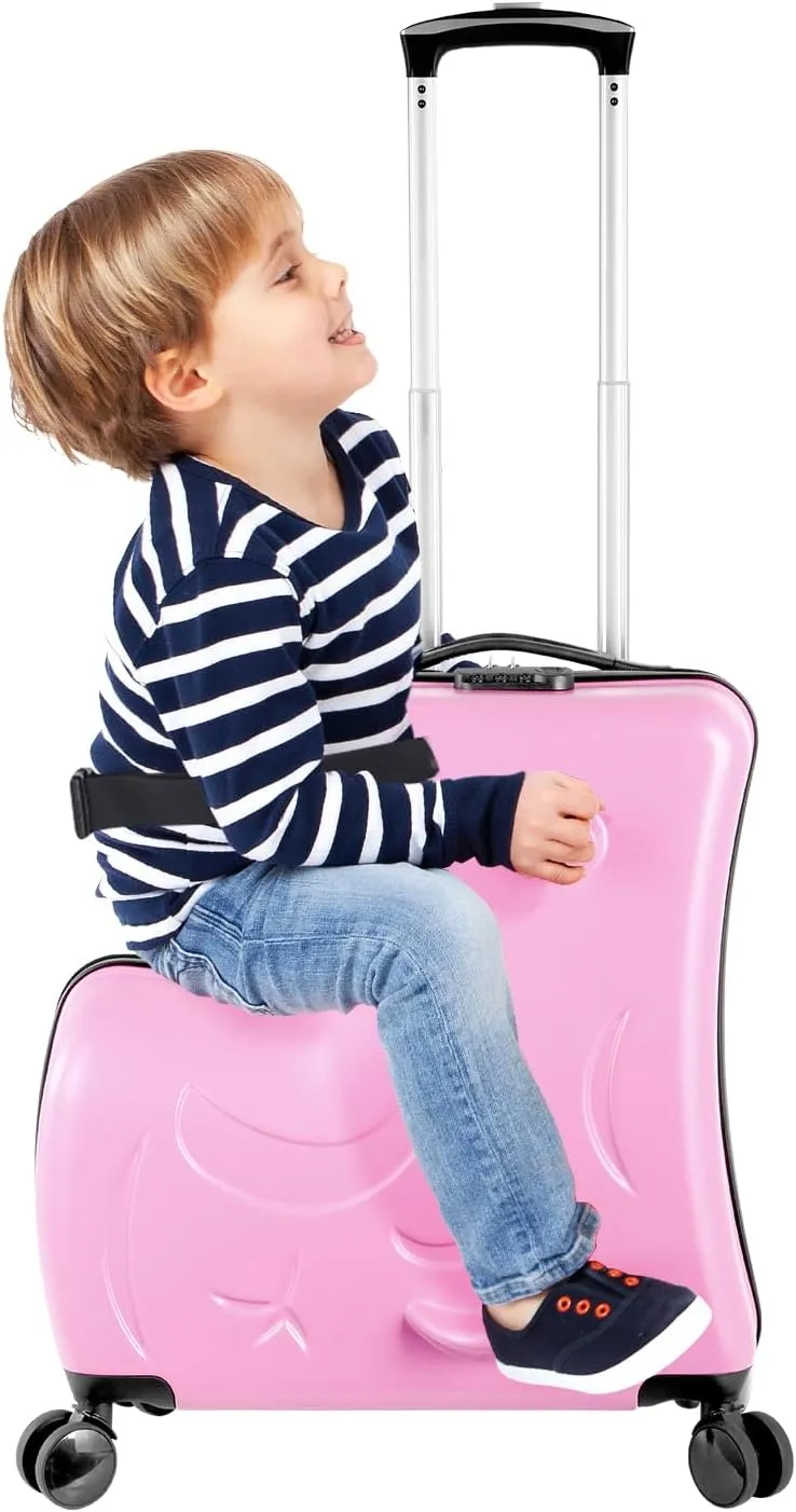 24" Ride on Suitcase for Kids,Can Hold 110 Lbs,with Double Spinner Wheels,Telescoping Handle,Password Lock and Safety Belt,Ride On Luggage for Kid Ages 6-12 (Pink)
