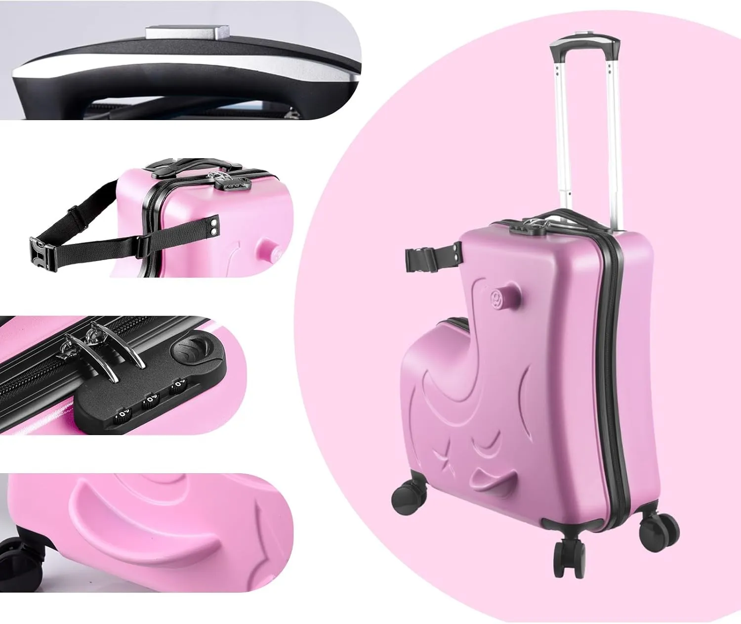 24" Ride on Suitcase for Kids,Can Hold 110 Lbs,with Double Spinner Wheels,Telescoping Handle,Password Lock and Safety Belt,Ride On Luggage for Kid Ages 6-12 (Pink)