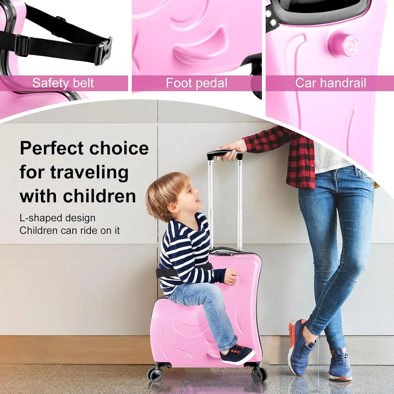 24" Ride on Suitcase for Kids,Can Hold 110 Lbs,with Double Spinner Wheels,Telescoping Handle,Password Lock and Safety Belt,Ride On Luggage for Kid Ages 6-12 (Pink)