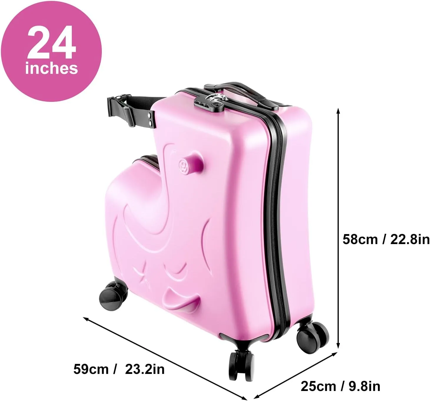 24" Ride on Suitcase for Kids,Can Hold 110 Lbs,with Double Spinner Wheels,Telescoping Handle,Password Lock and Safety Belt,Ride On Luggage for Kid Ages 6-12 (Pink)