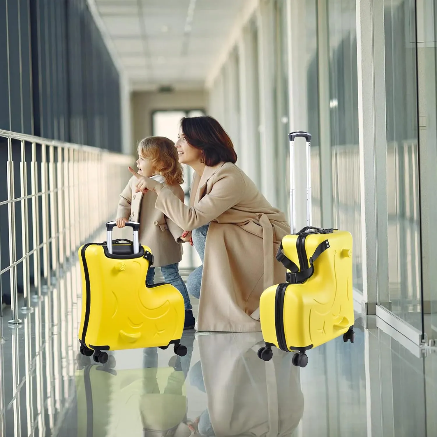 24" Ride on Suitcase for Kids,Can Hold 110 Lbs,with Double Spinner Wheels,Telescoping Handle,Password Lock and Safety Belt,Ride On Luggage for Kid Ages 6-12 (Yellow)
