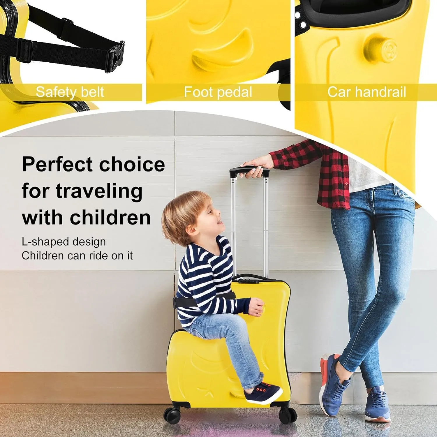 24" Ride on Suitcase for Kids,Can Hold 110 Lbs,with Double Spinner Wheels,Telescoping Handle,Password Lock and Safety Belt,Ride On Luggage for Kid Ages 6-12 (Yellow)