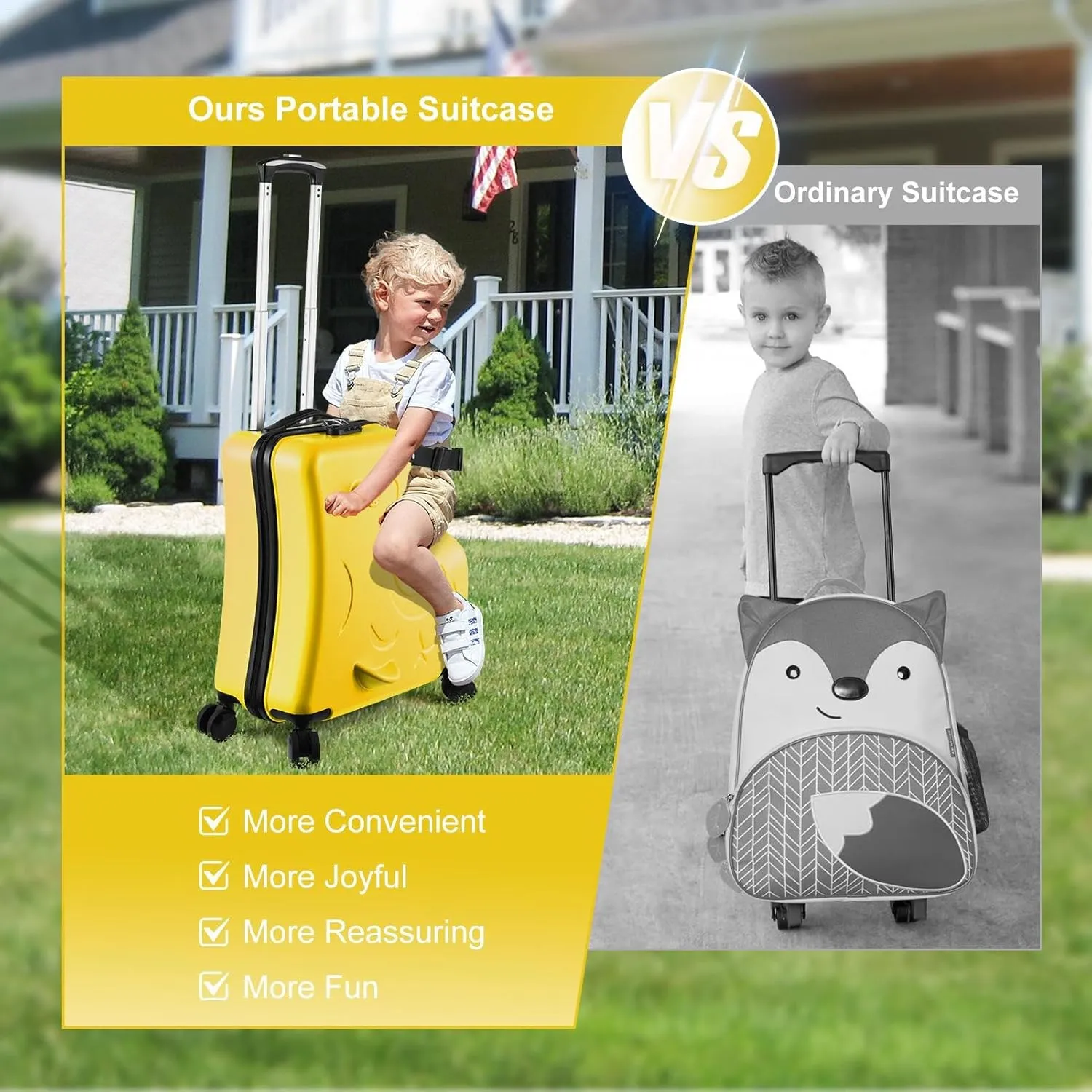 24" Ride on Suitcase for Kids,Can Hold 110 Lbs,with Double Spinner Wheels,Telescoping Handle,Password Lock and Safety Belt,Ride On Luggage for Kid Ages 6-12 (Yellow)