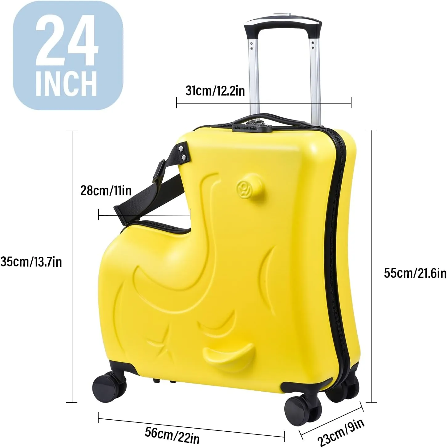 24" Ride on Suitcase for Kids,Can Hold 110 Lbs,with Double Spinner Wheels,Telescoping Handle,Password Lock and Safety Belt,Ride On Luggage for Kid Ages 6-12 (Yellow)