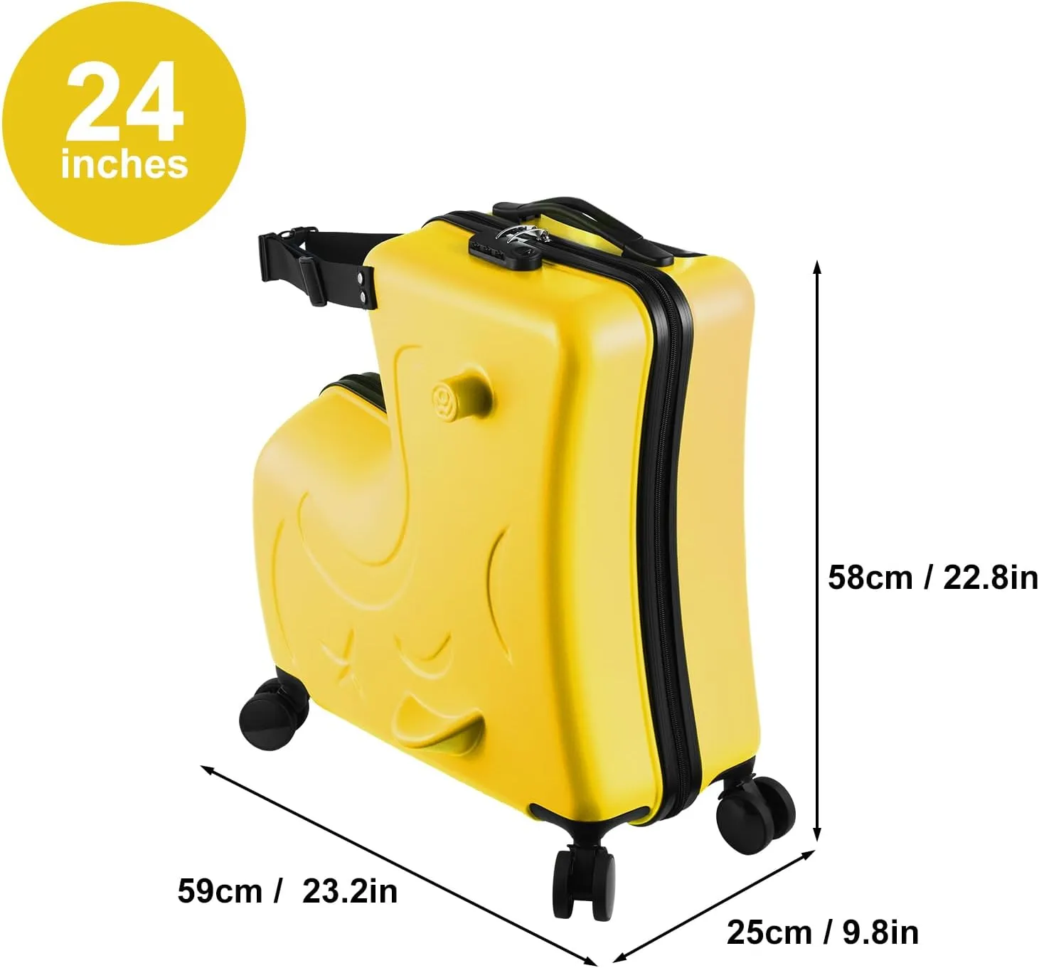24" Ride on Suitcase for Kids,Can Hold 110 Lbs,with Double Spinner Wheels,Telescoping Handle,Password Lock and Safety Belt,Ride On Luggage for Kid Ages 6-12 (Yellow)