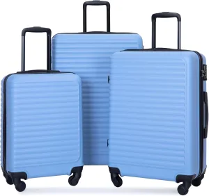 3 Piece Lightweight ABS Luggage Set with Spinner Wheels and Hooks, Storage, Light Blue