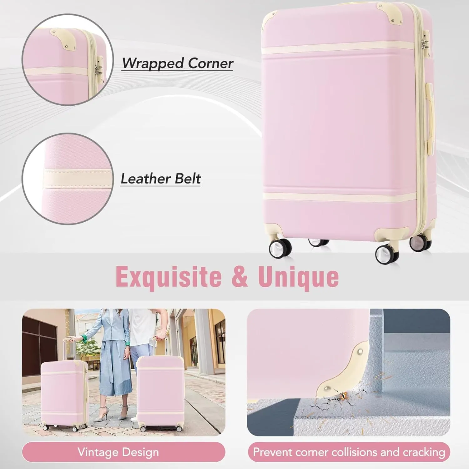 3-Piece Luggage Set Airline Approved with Cosmetic Case, Light Pink Hardshell Suitcases with Spinner Wheels, TSA Lock, Lightweight Waterproof Travel Luggage (Light Pink, 12" 20" 24")