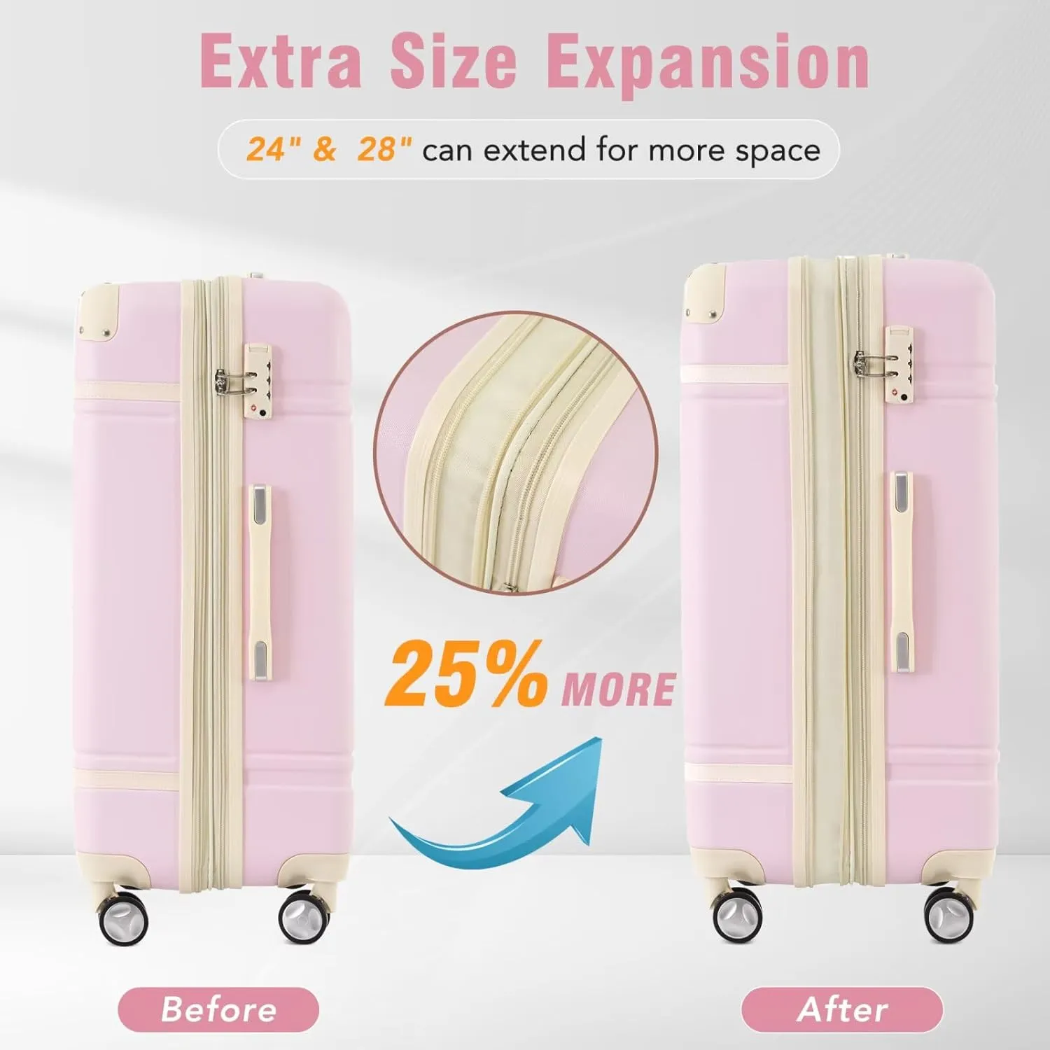 3-Piece Luggage Set Airline Approved with Cosmetic Case, Light Pink Hardshell Suitcases with Spinner Wheels, TSA Lock, Lightweight Waterproof Travel Luggage (Light Pink, 12" 20" 24")