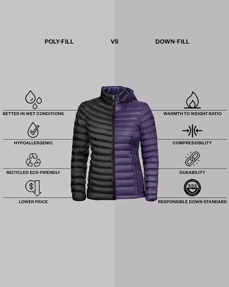 32 Degrees Womens Water-Repellent Packable Down Jacket, Ultra-Light with Detachable Hood