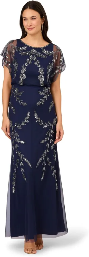 Adrianna Papell Private Label Women's Beaded Flutter Blouson Gown, Light Navy/Gunmetal, 6