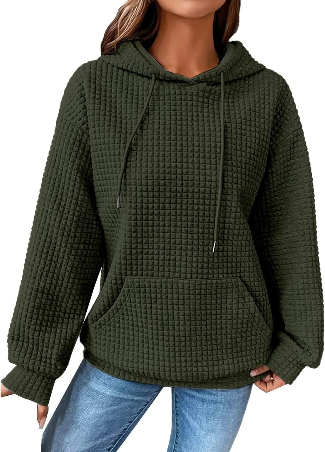 aihihe Women's Lightweight Waffle Hoodies 2023 Fall Casual Sweatshirt Trendy Dressy Drawstring Pullover Tops with Pockets