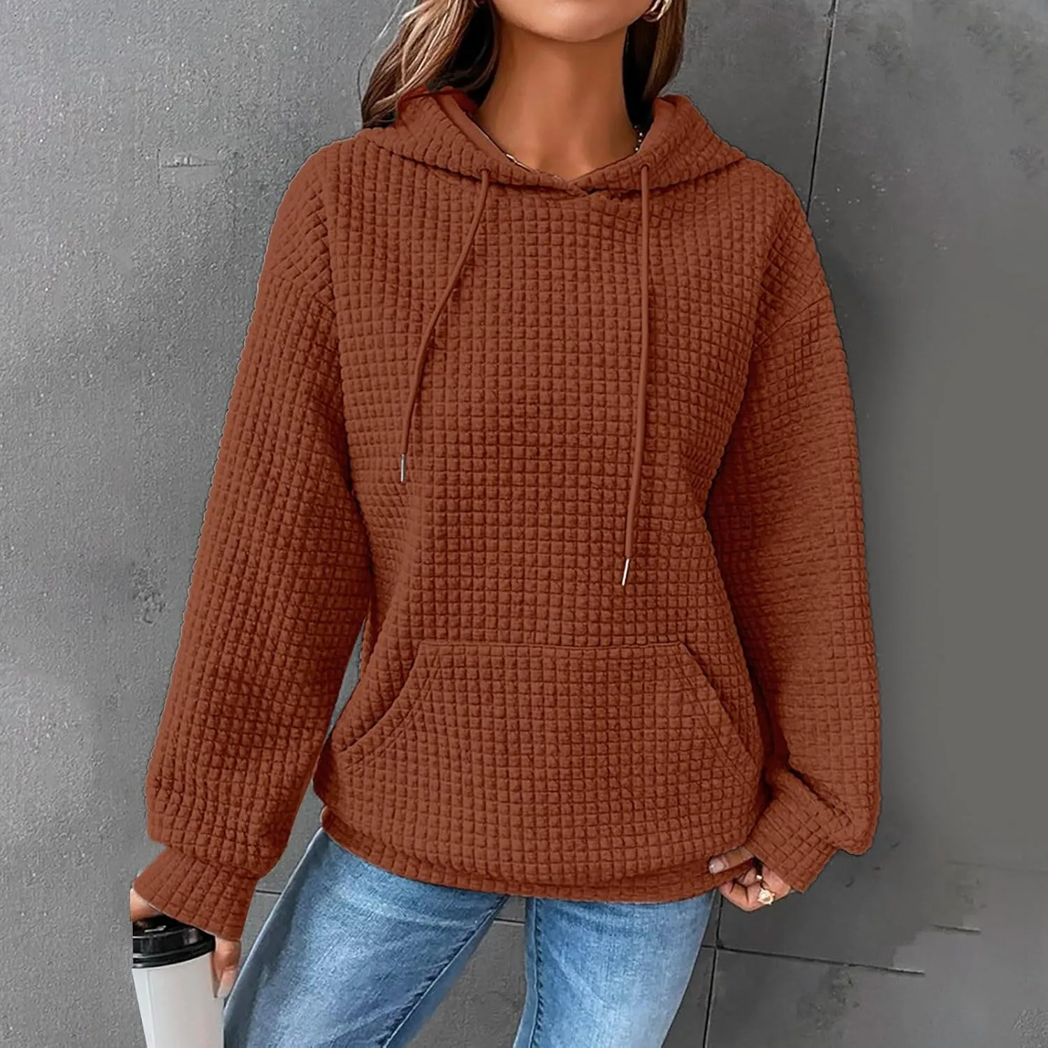 aihihe Women's Lightweight Waffle Hoodies 2023 Fall Casual Sweatshirt Trendy Dressy Drawstring Pullover Tops with Pockets