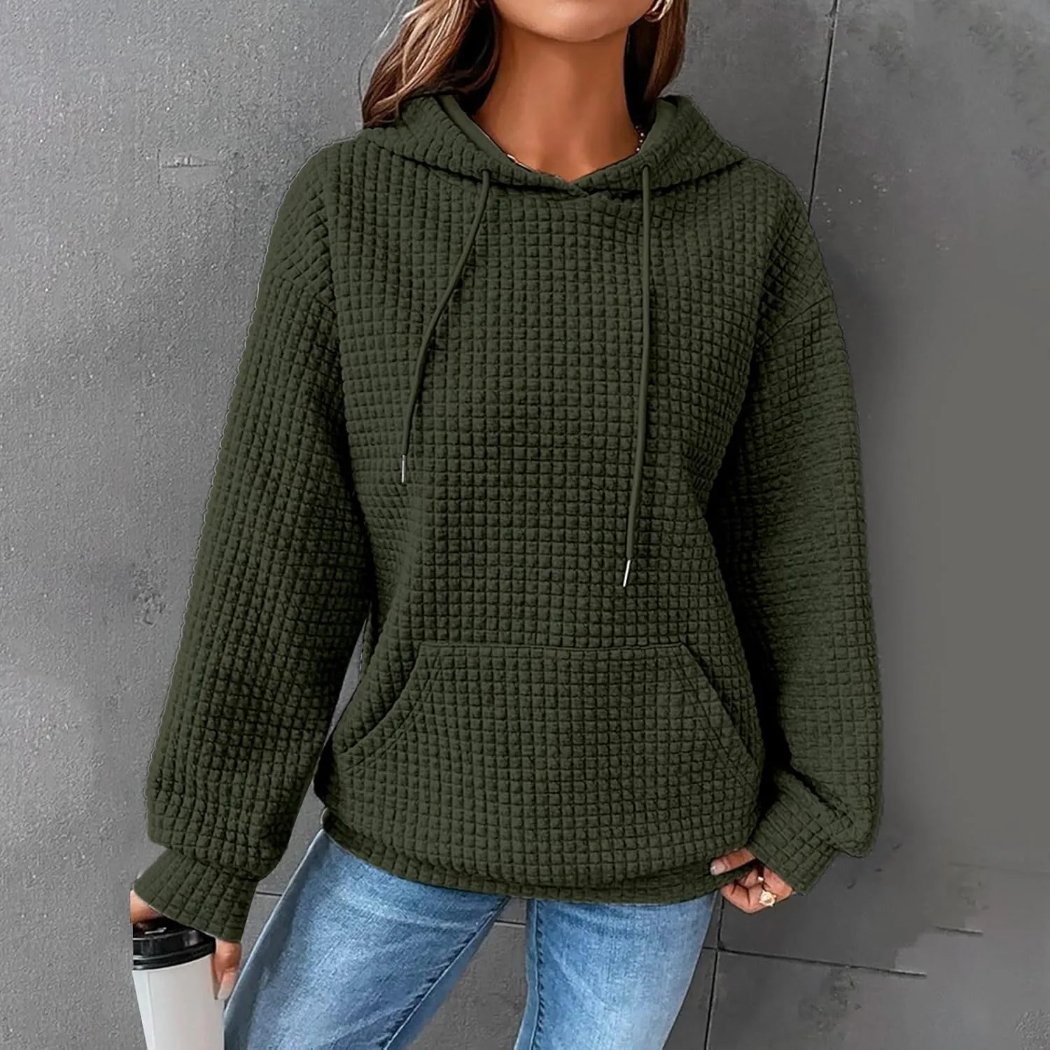 aihihe Women's Lightweight Waffle Hoodies 2023 Fall Casual Sweatshirt Trendy Dressy Drawstring Pullover Tops with Pockets