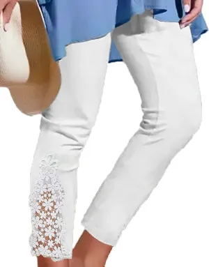 Akivide Womens Floral Lace Stitching Capri Leggings, Elastic High Waisted Stretch Soft Cropped Capris Pants Plus Size