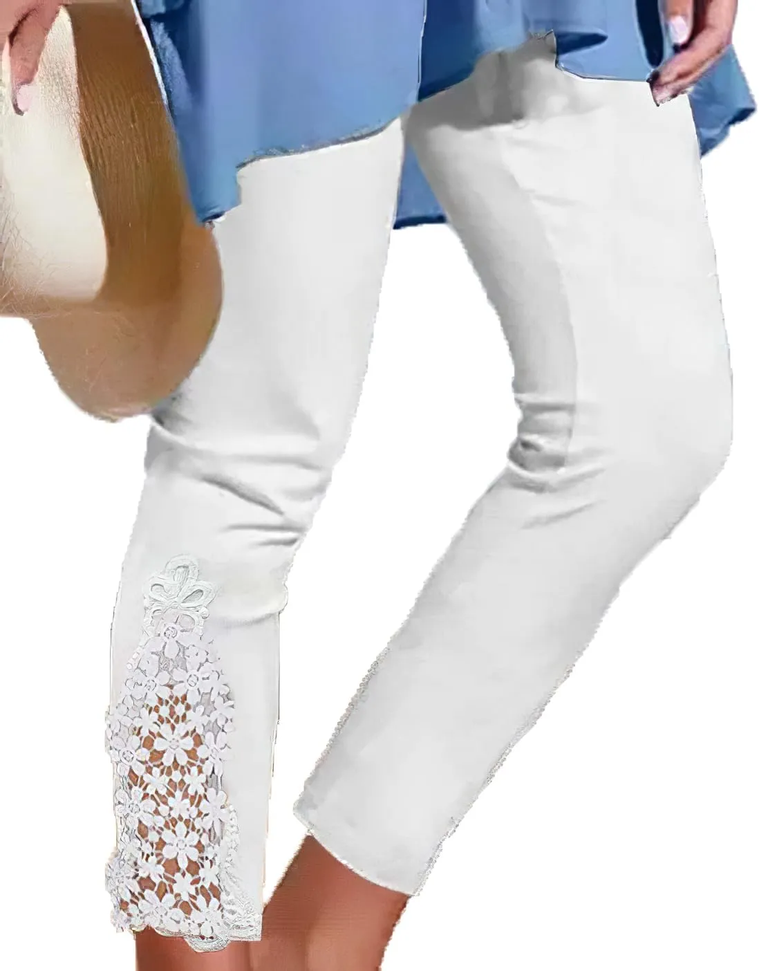 Akivide Womens Floral Lace Stitching Capri Leggings, Elastic High Waisted Stretch Soft Cropped Capris Pants Plus Size