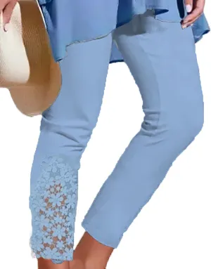 Akivide Womens Floral Lace Stitching Capri Leggings, Elastic High Waisted Stretch Soft Cropped Capris Pants Plus Size