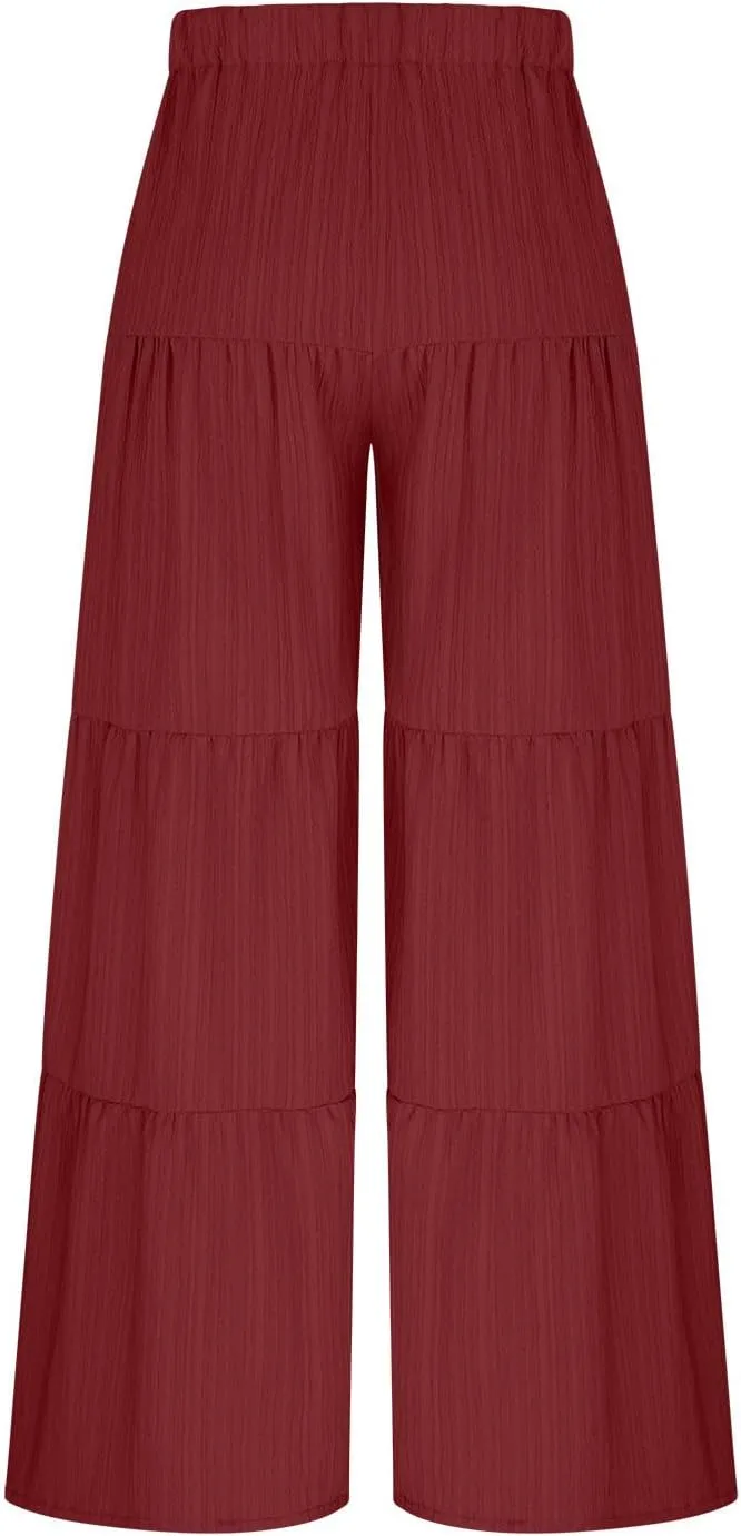 Akklian Flowy Pants for Women Boho Elastic High Waist Ruffle Tiered Wide Leg Beach Palazzo Pants Loose Casual Summer Trousers