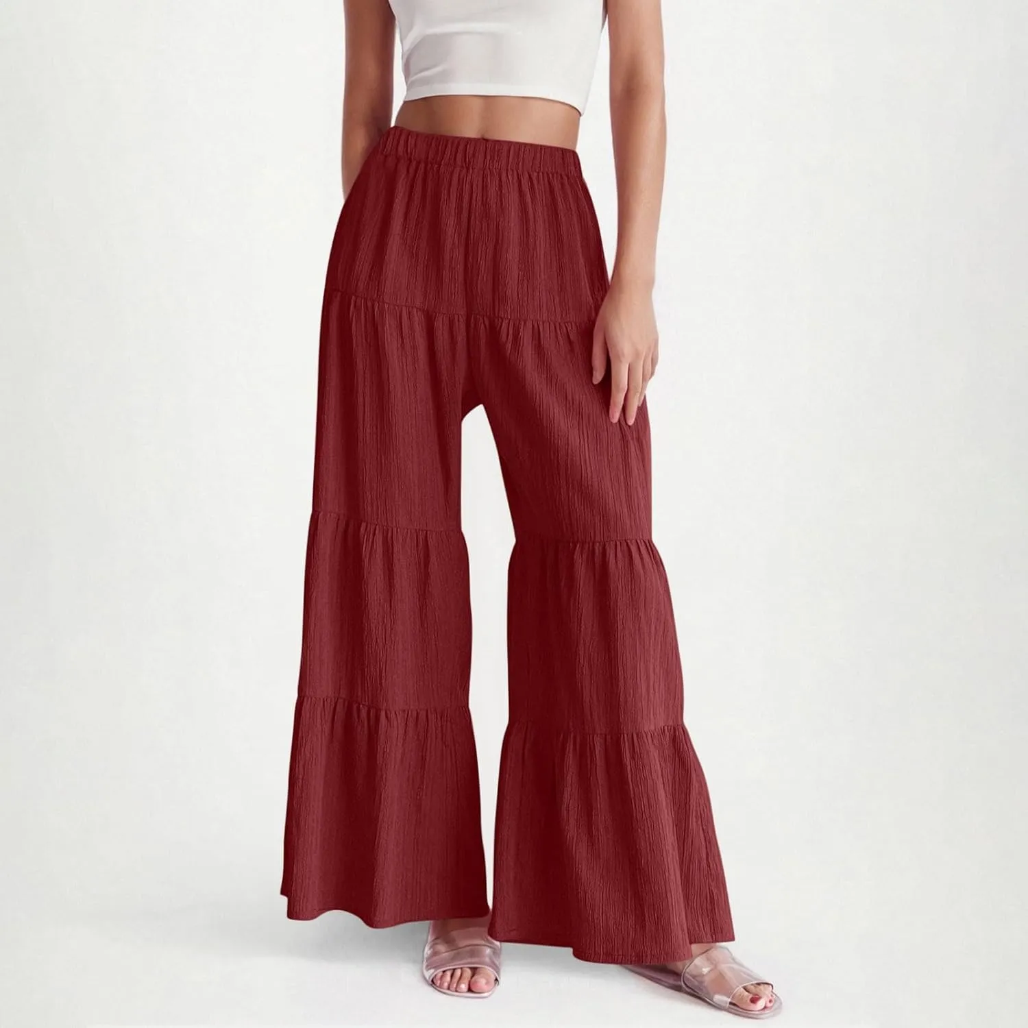 Akklian Flowy Pants for Women Boho Elastic High Waist Ruffle Tiered Wide Leg Beach Palazzo Pants Loose Casual Summer Trousers