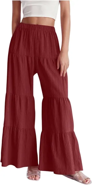 Akklian Flowy Pants for Women Boho Elastic High Waist Ruffle Tiered Wide Leg Beach Palazzo Pants Loose Casual Summer Trousers