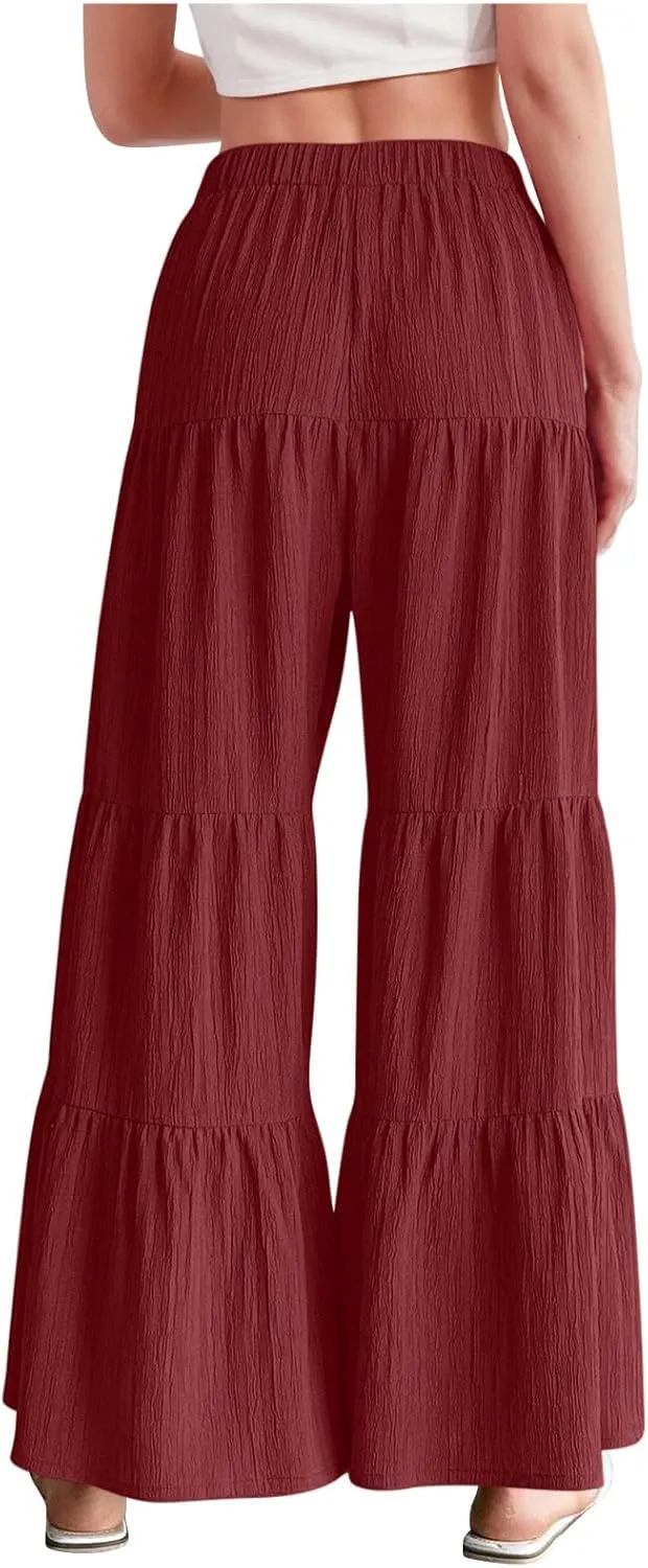 Akklian Flowy Pants for Women Boho Elastic High Waist Ruffle Tiered Wide Leg Beach Palazzo Pants Loose Casual Summer Trousers