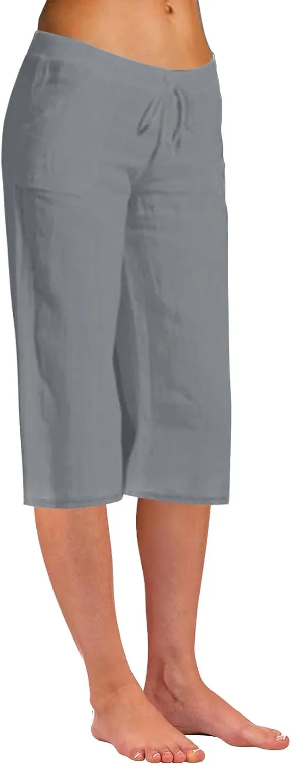 Akklian Womens Cotton Linen Pants Elastic Waisted Wide Leg Drawstring Casual Loose Trousers Beach Summer Pants with Pockets