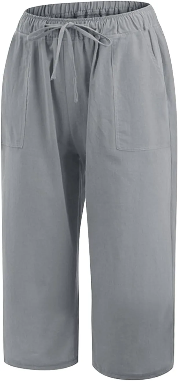 Akklian Womens Cotton Linen Pants Elastic Waisted Wide Leg Drawstring Casual Loose Trousers Beach Summer Pants with Pockets