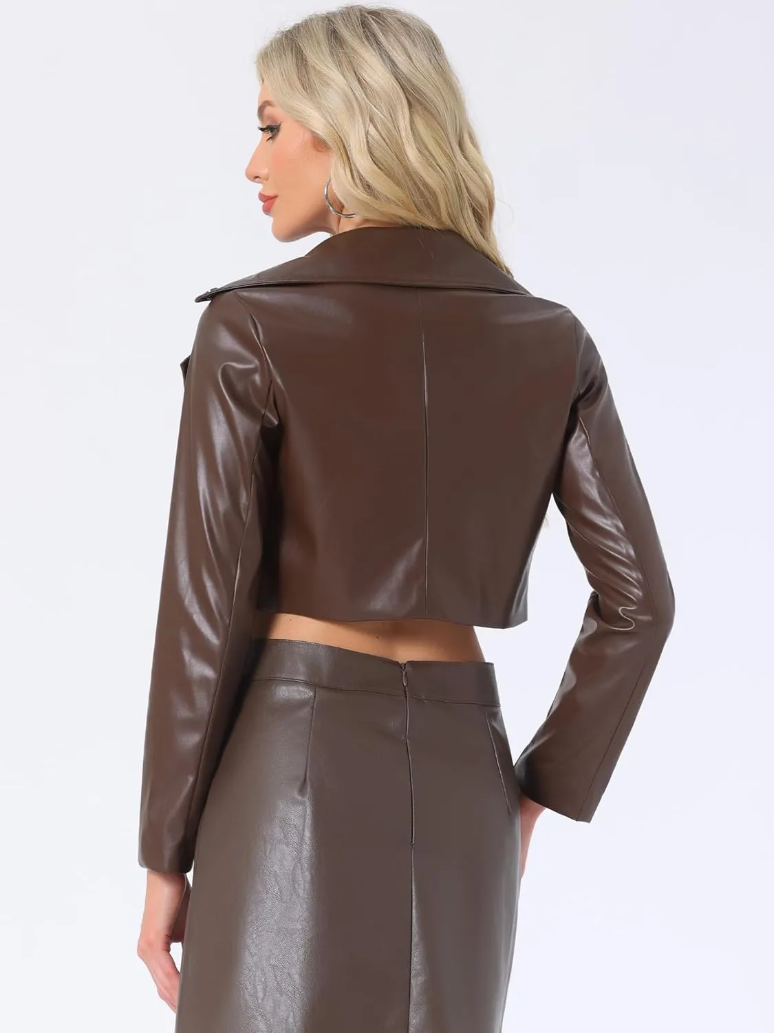 Allegra K Women's Faux Leather Long Sleeve Zipper Up Moto Cropped Jacket