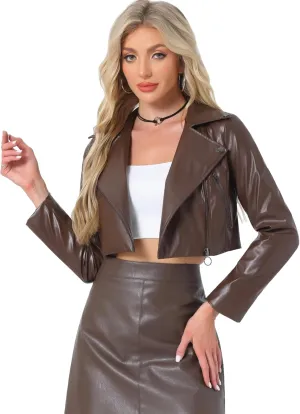 Allegra K Women's Faux Leather Long Sleeve Zipper Up Moto Cropped Jacket
