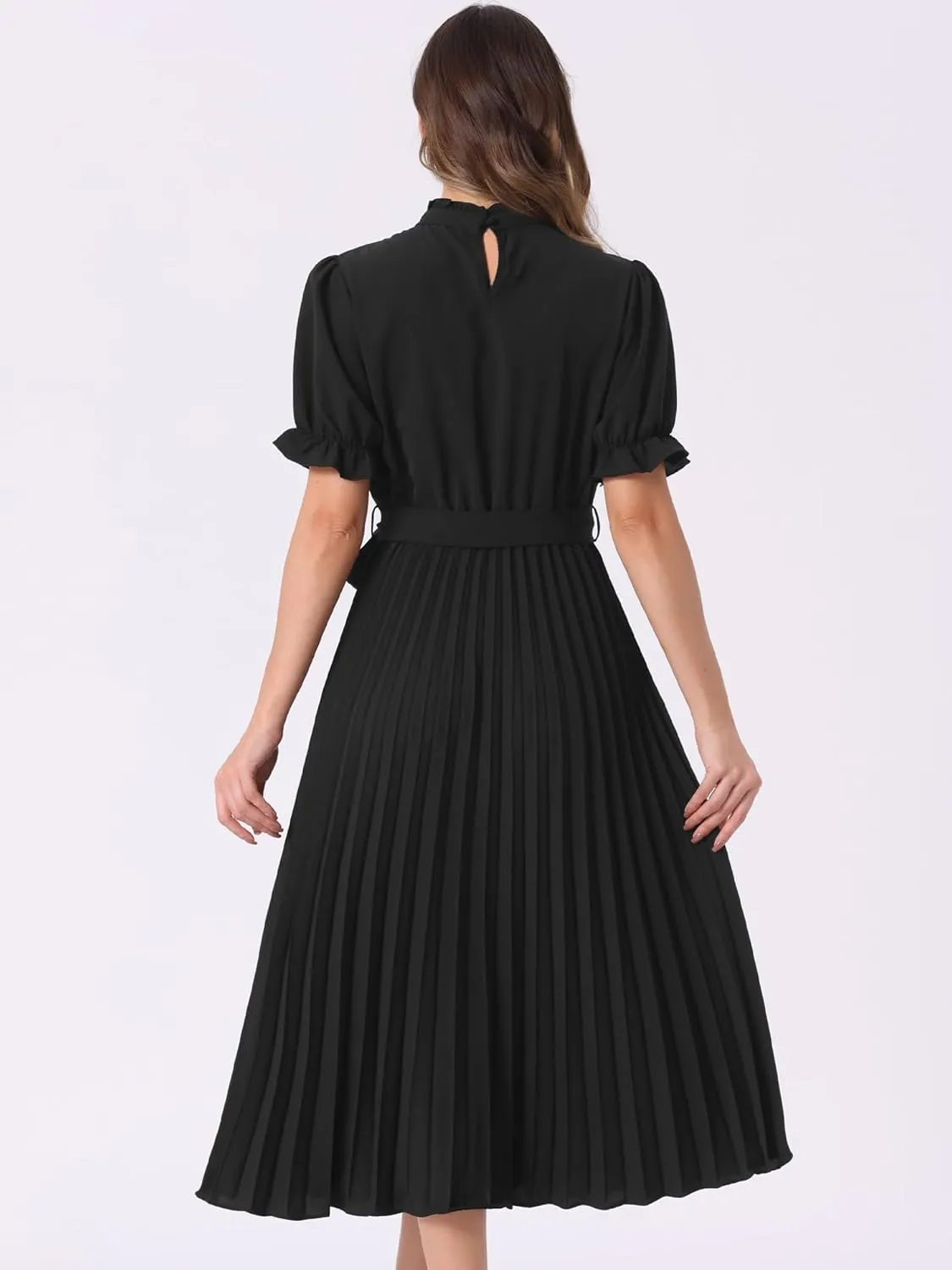 Allegra K Women's Summer Pleated Midi Dress Casual Ruffled Neck Short Sleeve Belted A-Line Flowy Dresses