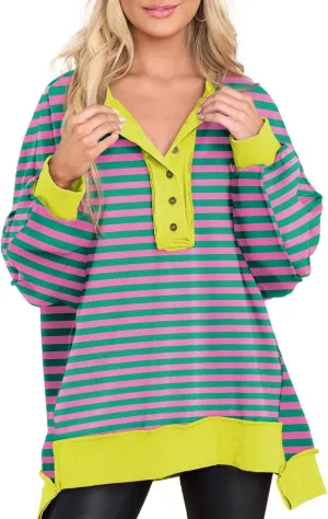 AlvaQ Women's Oversized Sweatshirt Casual Long Sleeve Button Henley Neck Pullover Tunic Tops Outfits