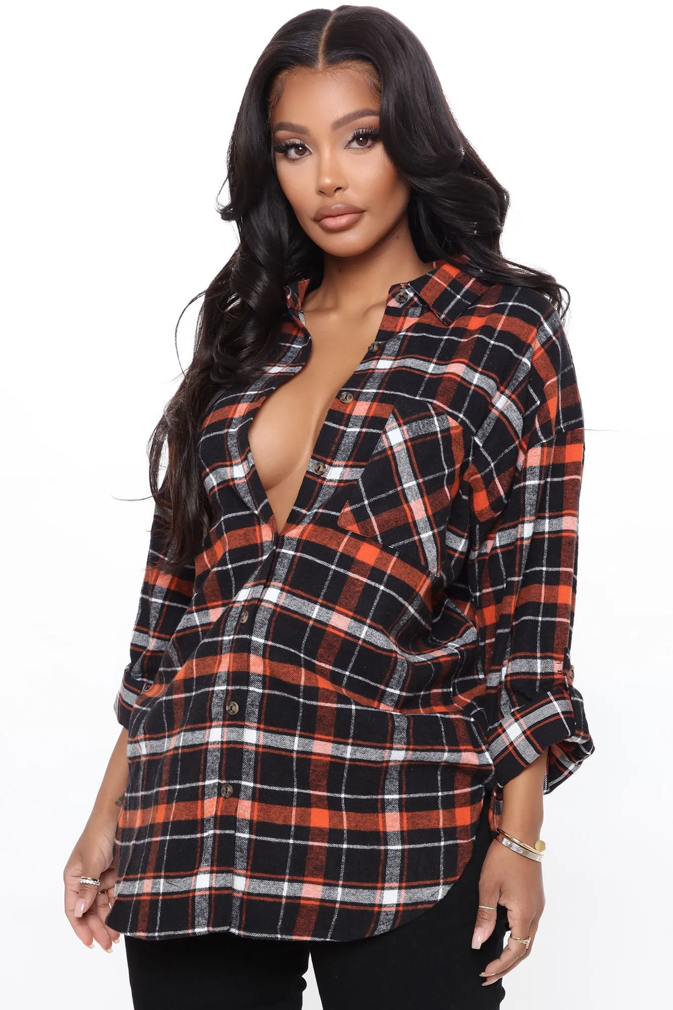 Always In Check Oversized Flannel Top - Black/combo